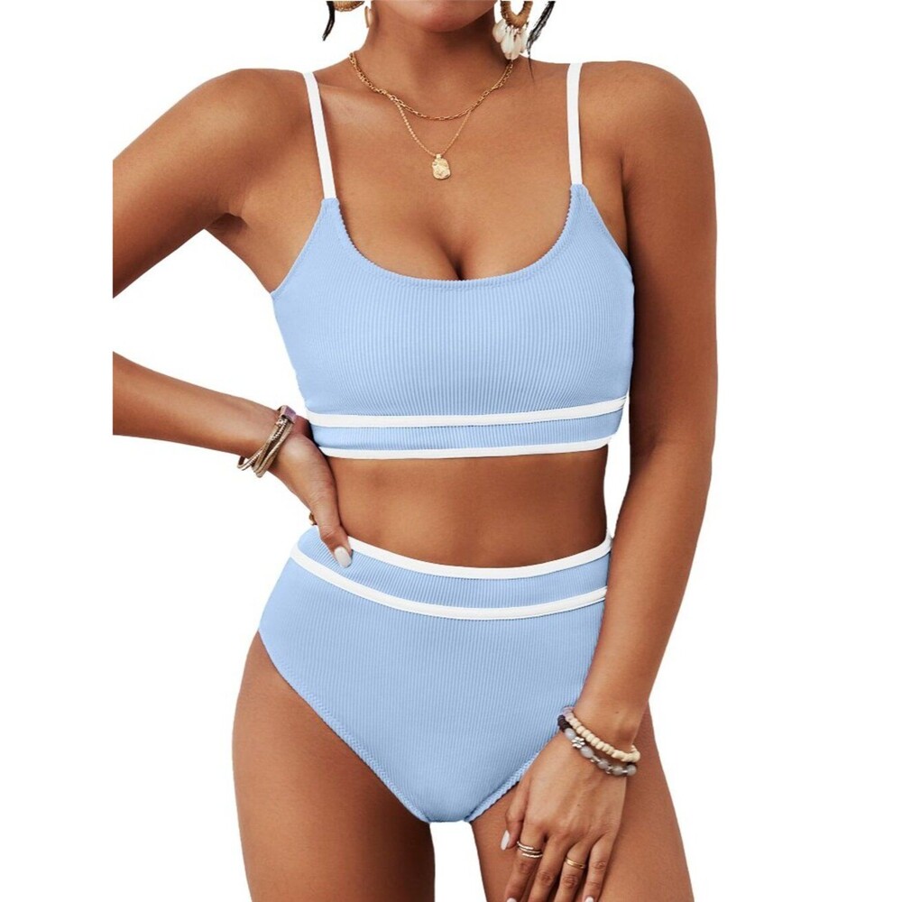 High Waisted Bikini Ribbed Two Piece Swimsuit High Cut Color Block M baby Blue